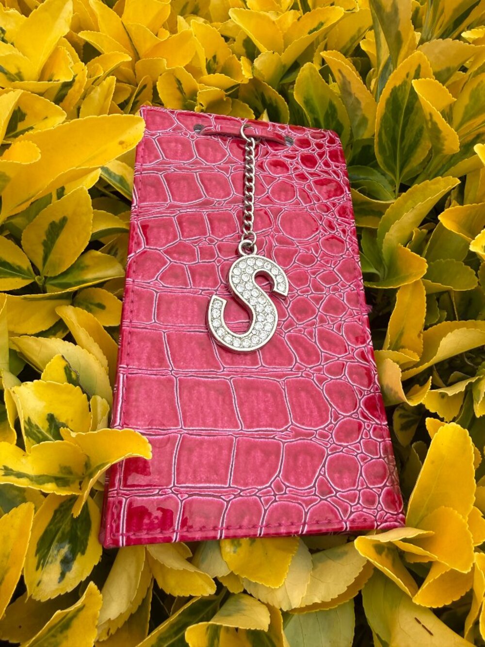 NotePad Rhinestone Stud Monogrammed S Faux Raspberry Leather SilverFoiled Edges - Picture 4 of 4
